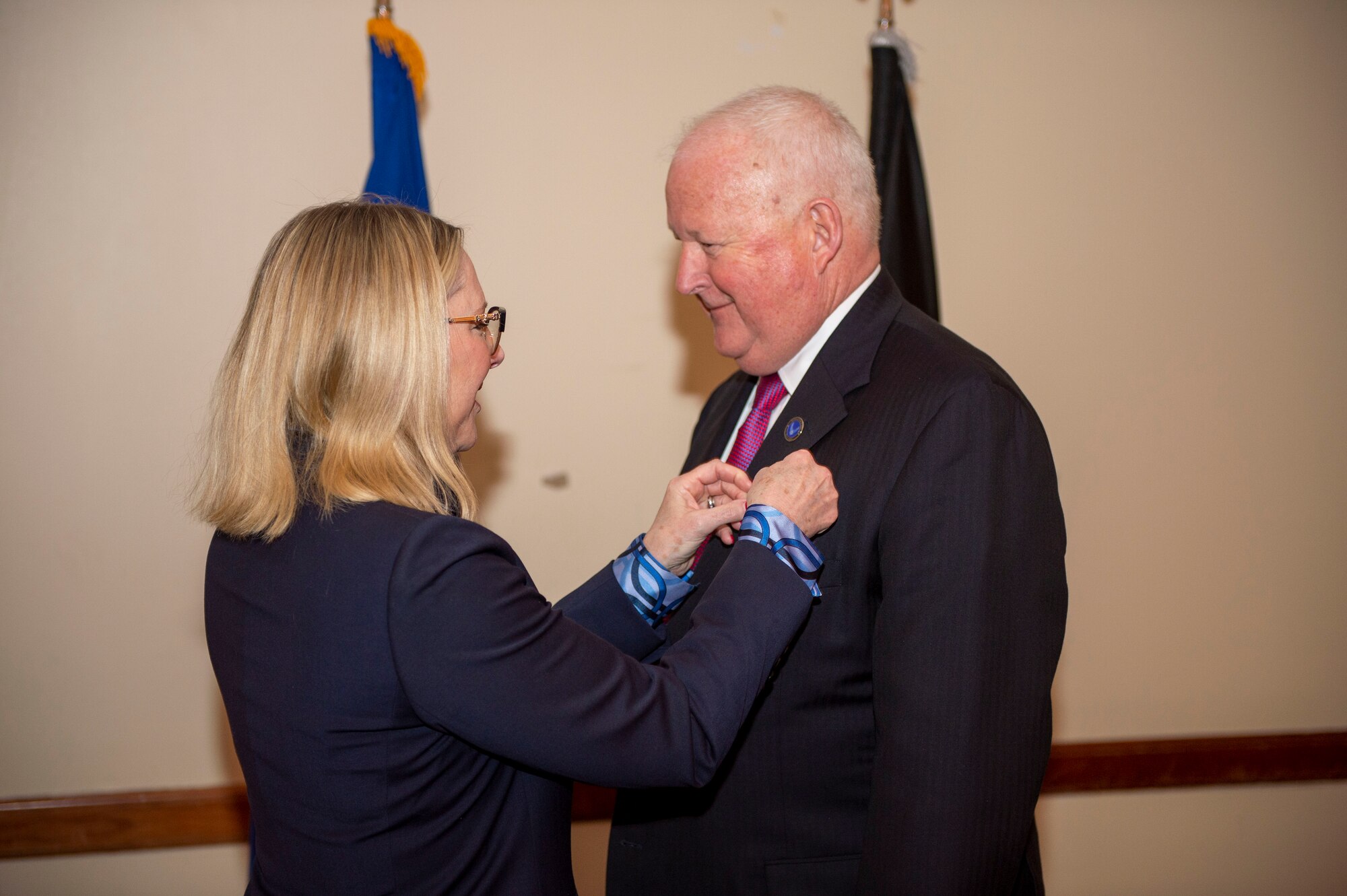 (From left) Michael Gin, Dr. Lisa Costa, the U.S. Space Force Chief Technology and Innovation Officer, Dr. Joe Leverett, chairman of the Altus Military Affairs Committee and Mr. Jerry Renne, director, U.S. Air Force Public Affairs, pause for a photo during an Air Force and Space Force civic leader award ceremony at Andrews Air Force Base, Maryland, March 9, 2023. The Distinguished Public Service medal presented on behalf of the Secretary of the Air Force is the highest level award given to non-employee civilians. (U.S. Air Force photo by Staff Sgt. Adam R. Shanks)