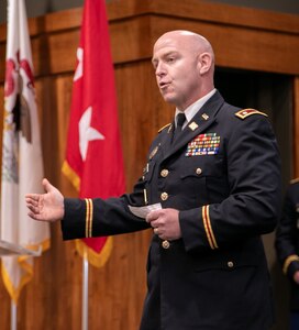 Newly promoted Lt. Col. Matthew Dodsworth thanks family and friends for their support throughout his career at a promotion ceremony March 3 at the Illinois Military Academy on Camp Lincoln, Springfield, Illinois.