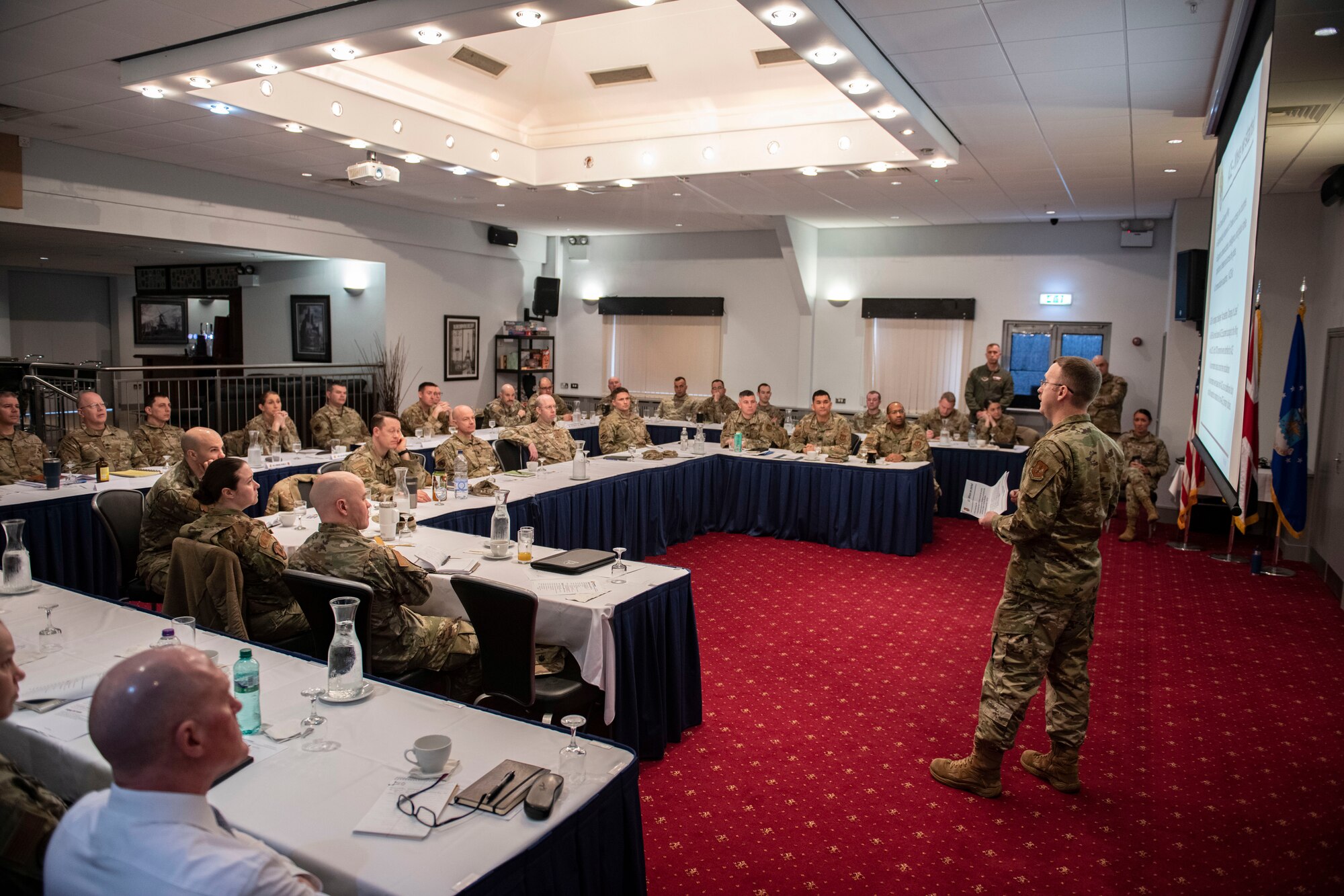 Leadership from the 501st Combat Support Wing participate in a meeting about agile combat employment at RAF Croughton