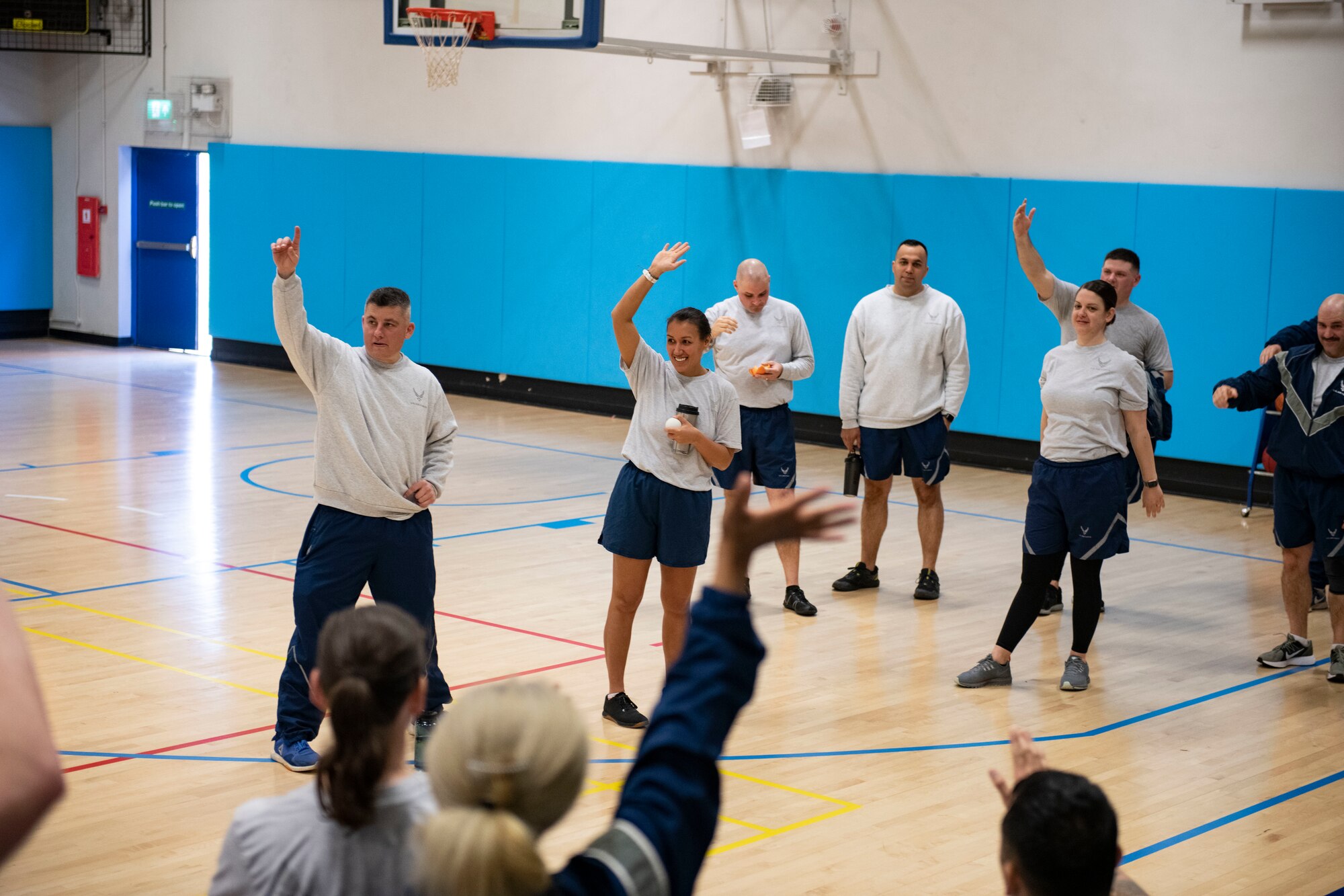Leadership from the 501st Combat Support Wing participate in a physical training session at RAF Croughton