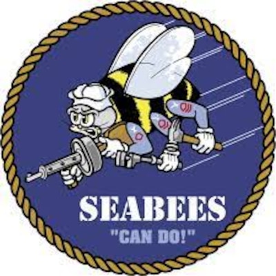 Badge icon of seabees with motto can do! Blue icon with cartoon bee holding gun and tools