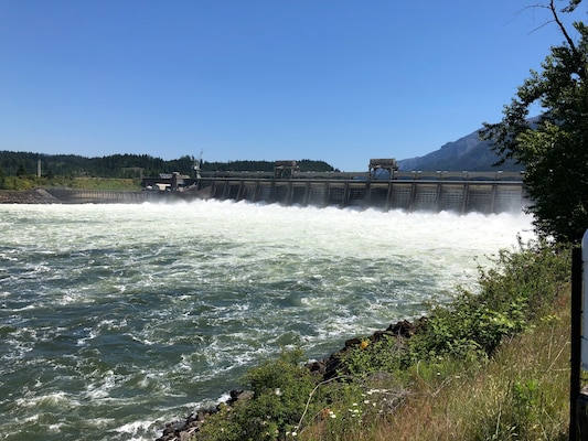 Bonneville Dam spills water to benefit juvenile salmon, June 2, 2021. This year, federal water managers will spill hundreds of thousands of gallons of water over spillways instead of through turbines during annual “spring spill” operations at U.S. Army Corps of Engineers’ dams on the lower Snake and Columbia rivers. 

The operations start April 3 on the lower Snake River and April 10 on the lower Columbia River. These actions are intended to decrease the time it takes juvenile salmon and steelhead to move through the system of dams to the Pacific Ocean as well as provide a non-turbine passage route past the dams.