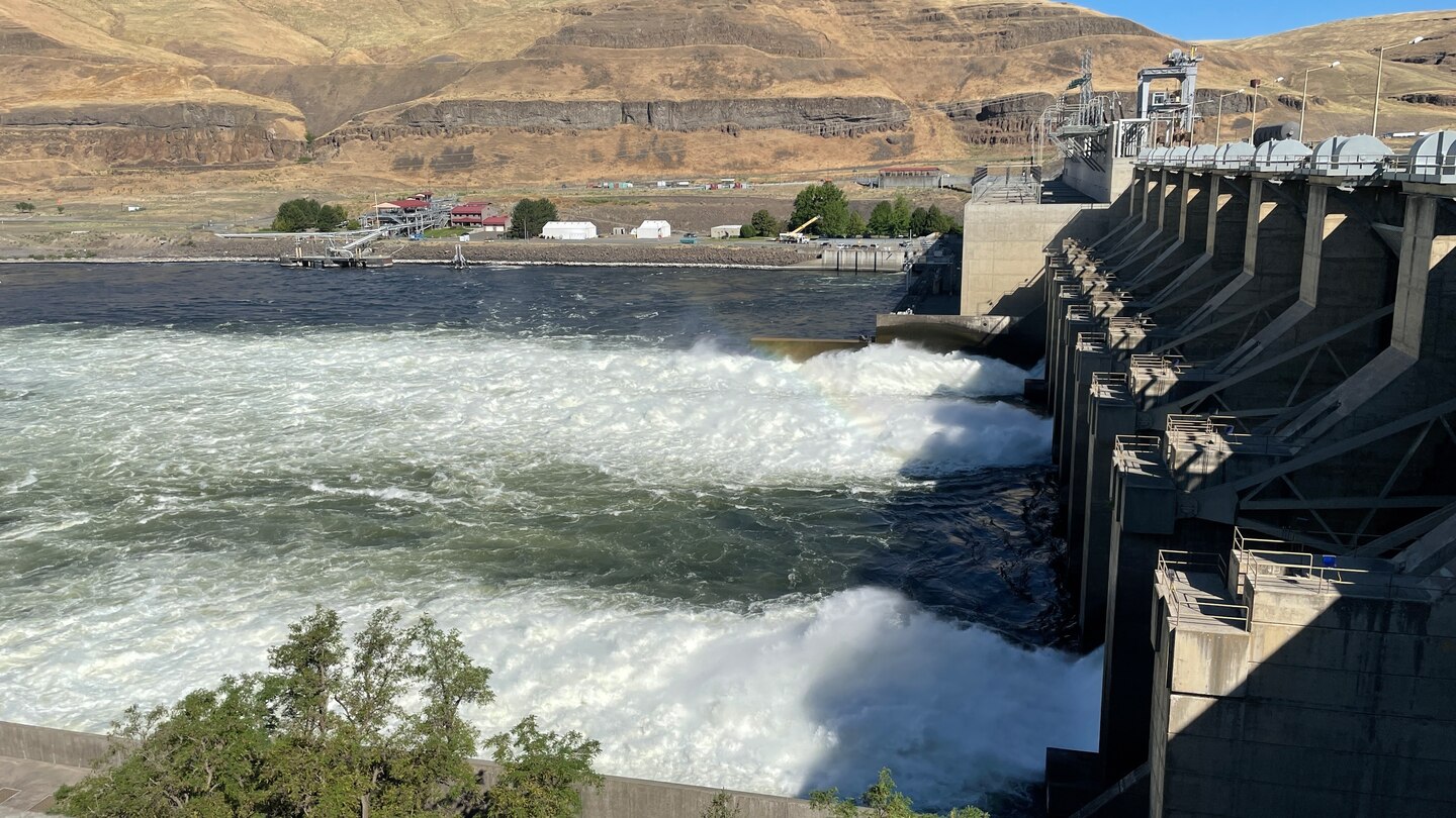 Lower Monumental Dam spills water to benefit juvenile salmon, July 12, 2022. This year, federal water managers will spill hundreds of thousands of gallons of water over spillways instead of through turbines during annual “spring spill” operations at U.S. Army Corps of Engineers’ dams on the lower Snake and Columbia rivers. 

The operations start April 3 on the lower Snake River and April 10 on the lower Columbia River. These actions are intended to decrease the time it takes juvenile salmon and steelhead to move through the system of dams to the Pacific Ocean as well as provide a non-turbine passage route past the dams.
