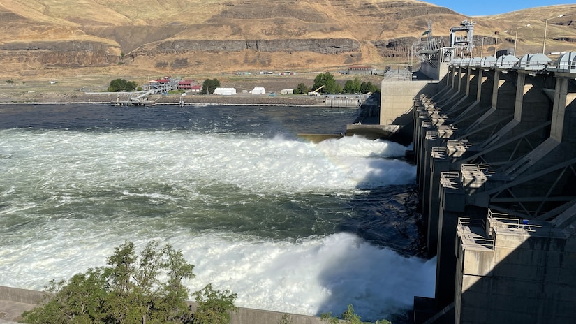 Lower Monumental Dam spills water to benefit juvenile salmon, July 12, 2022. This year, federal water managers will spill hundreds of thousands of gallons of water over spillways instead of through turbines during annual “spring spill” operations at U.S. Army Corps of Engineers’ dams on the lower Snake and Columbia rivers. 

The operations start April 3 on the lower Snake River and April 10 on the lower Columbia River. These actions are intended to decrease the time it takes juvenile salmon and steelhead to move through the system of dams to the Pacific Ocean as well as provide a non-turbine passage route past the dams.