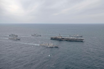 The Nimitz Carrier Strike Group underway in formation with Republic of Korea navy ships.