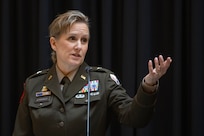 Brig. Gen. Paige M. Jennings, U.S. Army Financial Management Command commanding general, delivers remarks during her promotion ceremony at the Indiana Statehouse in Indianapolis Feb. 17, 2023. Jennings, a native of Missoula, Montana, began her military career in 1995 after commissioning into the Finance Corps as a distinguished military graduate of the University of Montana’s Grizzly Battalion Army Reserve Officer Training Corps program. (U.S. Army photo by Mark R. W. Orders-Woempner)