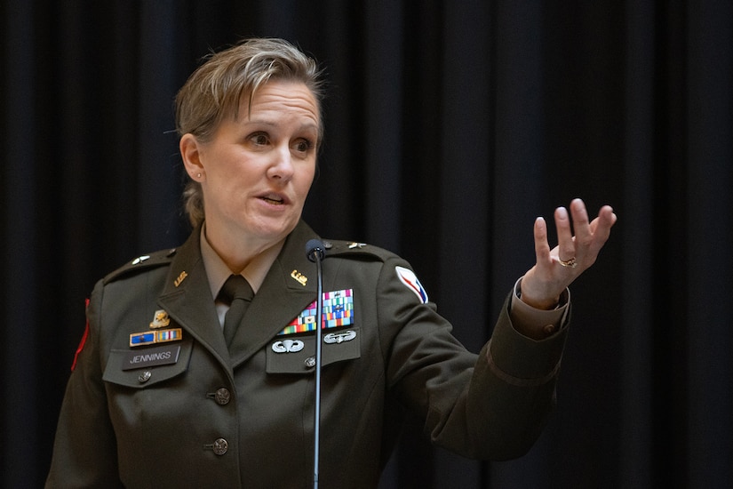 Brig. Gen. Paige M. Jennings, U.S. Army Financial Management Command commanding general, delivers remarks during her promotion ceremony at the Indiana Statehouse in Indianapolis Feb. 17, 2023. Jennings, a native of Missoula, Montana, began her military career in 1995 after commissioning into the Finance Corps as a distinguished military graduate of the University of Montana’s Grizzly Battalion Army Reserve Officer Training Corps program. (U.S. Army photo by Mark R. W. Orders-Woempner)