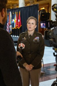WISH-TV interviews Brig. Gen. Paige M. Jennings, U.S. Army Financial Management Command commanding general, after her promotion ceremony at the Indiana Statehouse in Indianapolis Feb. 17, 2023. Jennings, a native of Missoula, Montana, began her military career in 1995 after commissioning into the Finance Corps as a distinguished military graduate of the University of Montana’s Grizzly Battalion Army Reserve Officer Training Corps program. (U.S. Army photo by Mark R. W. Orders-Woempner)