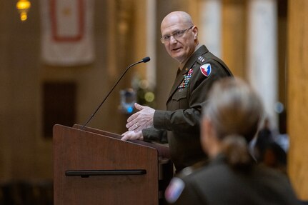 Gen. Edward M. Daly, U.S. Army Materiel Command commanding general, delivers remarks at the promotion ceremony for Brig. Gen. Paige M. Jennings, U.S. Army Financial Management Command commanding general, at the Indiana Statehouse in Indianapolis Feb. 17, 2023. Jennings, a native of Missoula, Montana, began her military career in 1995 after commissioning into the Finance Corps as a distinguished military graduate of the University of Montana’s Grizzly Battalion Army Reserve Officer Training Corps program. (U.S. Army photo by Mark R. W. Orders-Woempner)