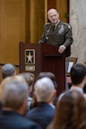 Gen. Edward M. Daly, U.S. Army Materiel Command commanding general, delivers remarks at the promotion ceremony for Brig. Gen. Paige M. Jennings, U.S. Army Financial Management Command commanding general, at the Indiana Statehouse in Indianapolis Feb. 17, 2023. Jennings, a native of Missoula, Montana, began her military career in 1995 after commissioning into the Finance Corps as a distinguished military graduate of the University of Montana’s Grizzly Battalion Army Reserve Officer Training Corps program. (U.S. Army photo by Mark R. W. Orders-Woempner)