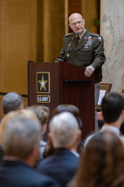 Gen. Edward M. Daly, U.S. Army Materiel Command commanding general, delivers remarks at the promotion ceremony for Brig. Gen. Paige M. Jennings, U.S. Army Financial Management Command commanding general, at the Indiana Statehouse in Indianapolis Feb. 17, 2023. Jennings, a native of Missoula, Montana, began her military career in 1995 after commissioning into the Finance Corps as a distinguished military graduate of the University of Montana’s Grizzly Battalion Army Reserve Officer Training Corps program. (U.S. Army photo by Mark R. W. Orders-Woempner)