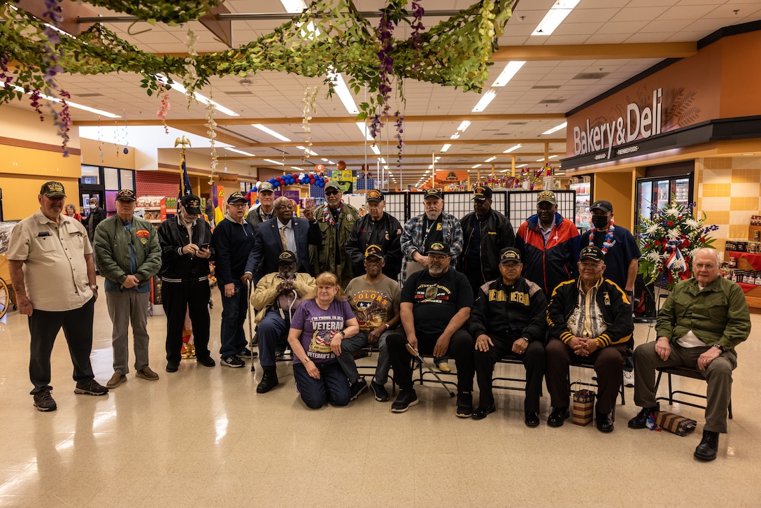 Vietnam War veterans take a group photo during the National Vietnam War Veterans Day commemoration ceremony hosted at Marine Corps Base Quantico, Virginia, March 29, 2023. In 2017, President Donald Trump declared National Vietnam War Veterans Day because on this day in 1973, U.S. combat troops departed the Republic of Vietnam. (U.S. Marine Corps photo by Lance Cpl. Joaquin Dela Torre)