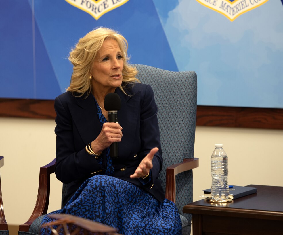 First lady Jill Biden speaks to military family members about challenges they face.