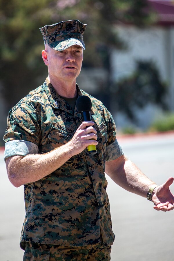 U.S. Marine Corps Col. Seth MacCutcheon, the incoming commanding officer of the School of Infantry - West, delivers a speech during a change of command ceremony at SOI-West on Marine Corps Base Camp Pendleton, California, June 24, 2022. During the ceremony, Col. Coby Moran relinquished command of SOI-West to MacCutcheon. MacCutcheon is a native of Fort Lauderdale, Florida. (U.S. Marine Corps photo by Cpl. Alison Dostie)
