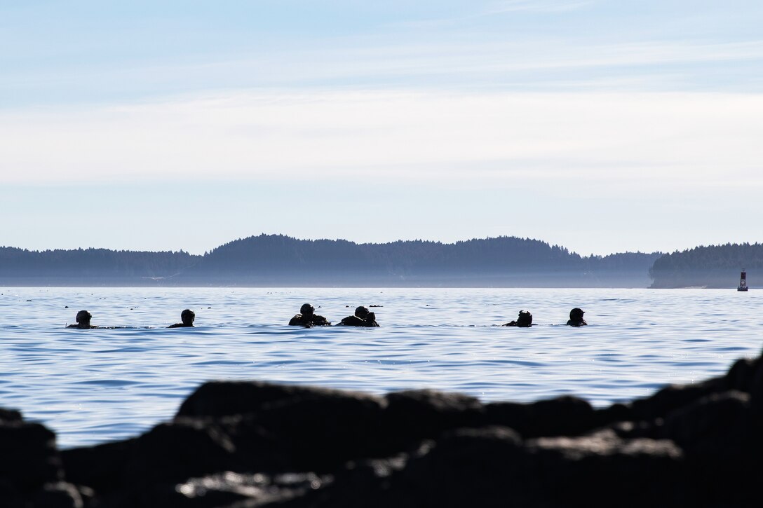 Navy SEALs swim in a body of water with a forest in the background.