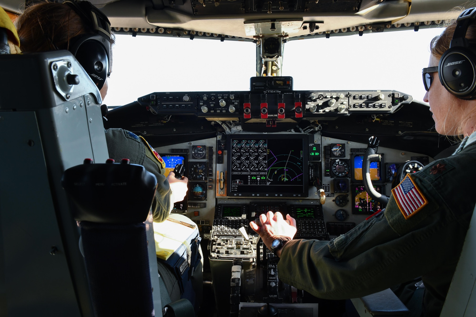 U.S. Air Force Lt. Col. Sarah Bulinski (left), 54th Air Refueling Squadron (ARS) commander, and Maj. Aimee Parenti, 54th ARS instructor pilot, taxi a KC-135 Stratotanker at Altus Air Force Base, Oklahoma, March 28, 2023. Women make up about seven percent of pilots in the Air Force. (U.S. Air Force photo by Airman 1st Class Miyah Gray)