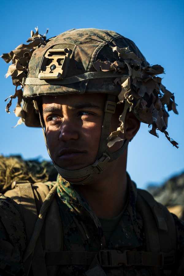 U.S. Marine Pfc. Dante Perezkellam, a student with Infantry Marine Course 1-23, Infantry Training Battalion, School of Infantry - West, posts security during the final training exercise on Marine Corps Base Camp Pendleton, California, Jan. 23, 2023. IMC is the Marine Corps’ 14-week infantry training course designed to make better trained and more lethal entry-level Marines. Perezkellam is a native of Kenosha, Wisconsin. (U.S. Marine Corps photo by Lance Cpl. Earik Barton)