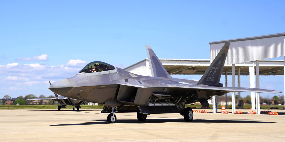 U.S. Air Force Lt. Col. Andrew Gray, 71st Fighter Squadron commander, taxis one of the first two 71st Fighter Squadron’s F-22s to arrive at Joint Base Langley-Eustis, Virginia, Mar. 29, 2023.