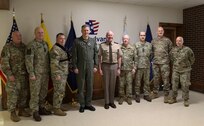 Col. Antanas Matutis, Commander of the Lithuanian Air Force, Command Sgt. Maj. Alvydas Tamošiūnas, Senior Enlisted Leader of the Lithuanian Air Force, and Maj. Romualdas Gečionis, Military Assistant to the Commander of the Lithuanian Air Force, begin a nearly week-long visit to the United States by meeting with Pennsylvania National Guard key leaders including U.S. Army Maj. Gen. Mark Schindler, acting adjutant general, U.S. Air Force Brig. Gen. Michael Regan, deputy adjutant general- Air, U.S. Army Command Sgt. Maj. Jon Worley, senior enlisted leader, and U.S. Air Force Col. Donald O’Shell, director of staff- Air, March 20 at Fort Indiantown Gap. (U.S. Army National Guard photo by Sgt. 1st Class Zane Craig)