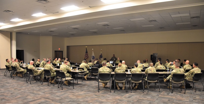 Chief Warrant Officer Five Pat Nelligan, command chief warrant officer, U.S. Army Reserve, talks to Phoenix Recruiting Battalion and Army Reserve leadership at a Reserve Recruiting Partnership Council (R2PC), March 25, Papago Park Military Reservation, Phoenix. (Photo by Alun Thomas, USAREC Public Affairs)