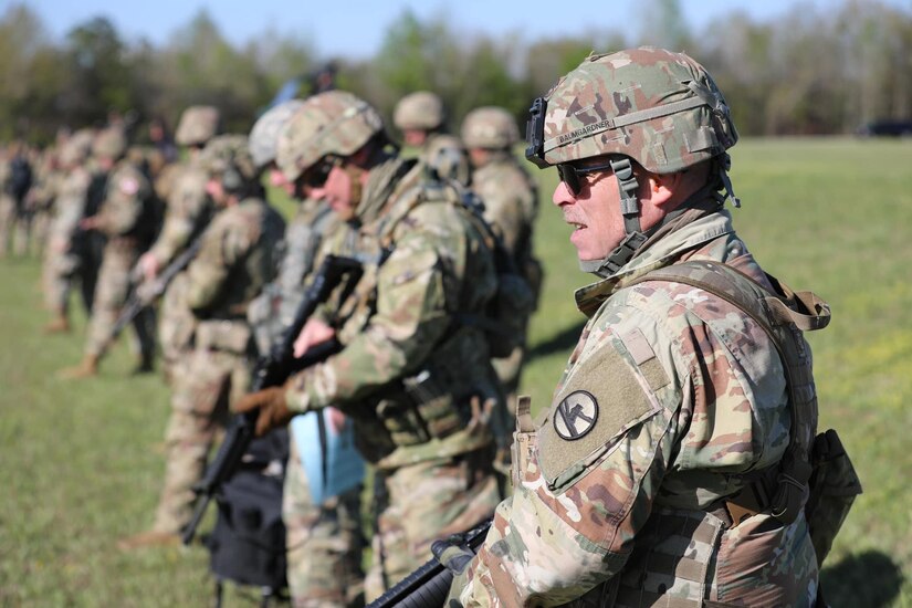 Sgt. 1st Class Martin Baumgardner lines up with Soldiers from the 84th Training Command preparing to engage in fires with their 100 meter targets during the ALL-ARMY Small Arms Competition.