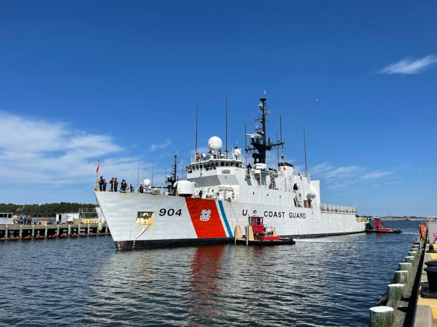 Coast Guard cutter pulls into port in Portsmouth, Virginia.