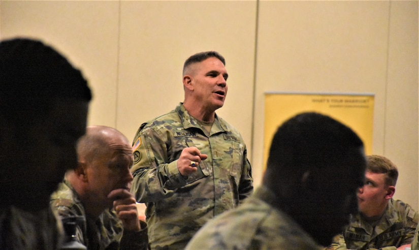 Chief Warrant Officer Five Pat Nelligan, command chief warrant officer, U.S. Army Reserve Command, talks to Phoenix Recruiting Battalion and Army Reserve leadership at a Reserve Recruiting Partnership Council (R2PC), March 25, Papago Park Military Reservation, Phoenix. (Photo by Alun Thomas, USAREC Public Affairs)