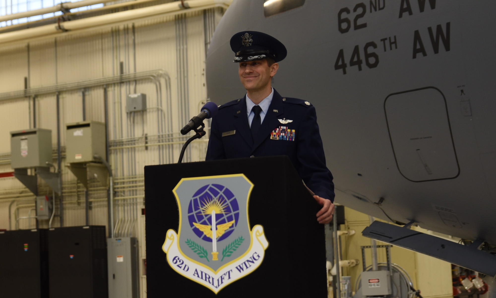 U.S. Air Force Lt. Col. Timothy Ober, commander of the 4th Airlift Squadron, gives remarks during the 4th Airlift Squadron change of command ceremony at Joint Base Lewis-McChord, Washington, March 27, 2023. Aircrews from the 4th AS operate the C-17 Globemaster III aircraft, directly supporting numerous U.S. government agencies and international forces in global operations ranging from troop airlift/airdrop to lifesaving medevac and humanitarian/disaster relief. (U.S. Air Force photo by Airman Kylee Tyus)