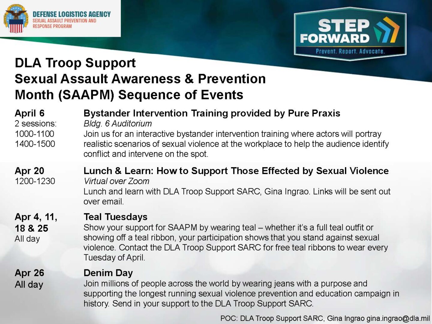 April 1 begins Sexual Assault Awareness & Prevention Month. The Defense Logistics Agency Troop Support will host several events and activities throughout the month at Naval Support Activity Philadelphia.