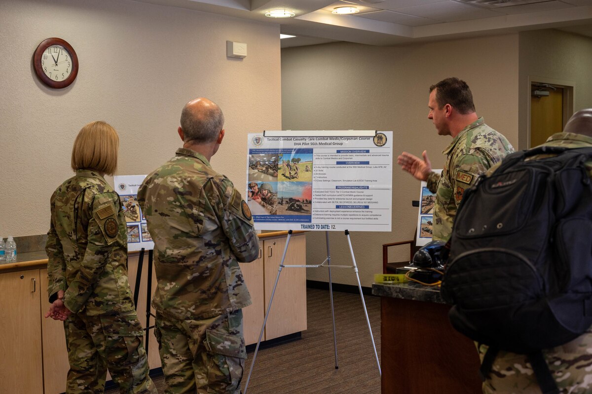 U.S. Air Force Lt. Gen. Robert Miller, Surgeon General of the Air Force, and Chief Master Sgt. Dawn Kolczynski, Medical Enlisted Force Chief, speaks with Capt. Eric Huff, 56th Operational Medical Readiness Squadron flight physician, during a base visit March 28, 2023, at Luke Air Force Base, Arizona.