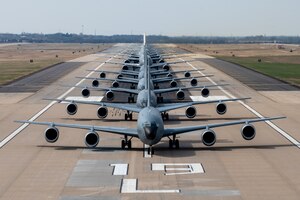 Sixteen KC-46A Pegasus’ and five KC-135 Stratotankers line up for an elephant walk during Exercise Lethal Pride March 27, 2023, at McConnell Air Force Base, Kansas. The elephant walk launched the exercise and consisted of aircraft and air crews from both the 22nd Air Refueling Wing and the 931st Air Refueling Wing. (U.S. Air Force photo by Airman 1st Class Brenden Beezley)