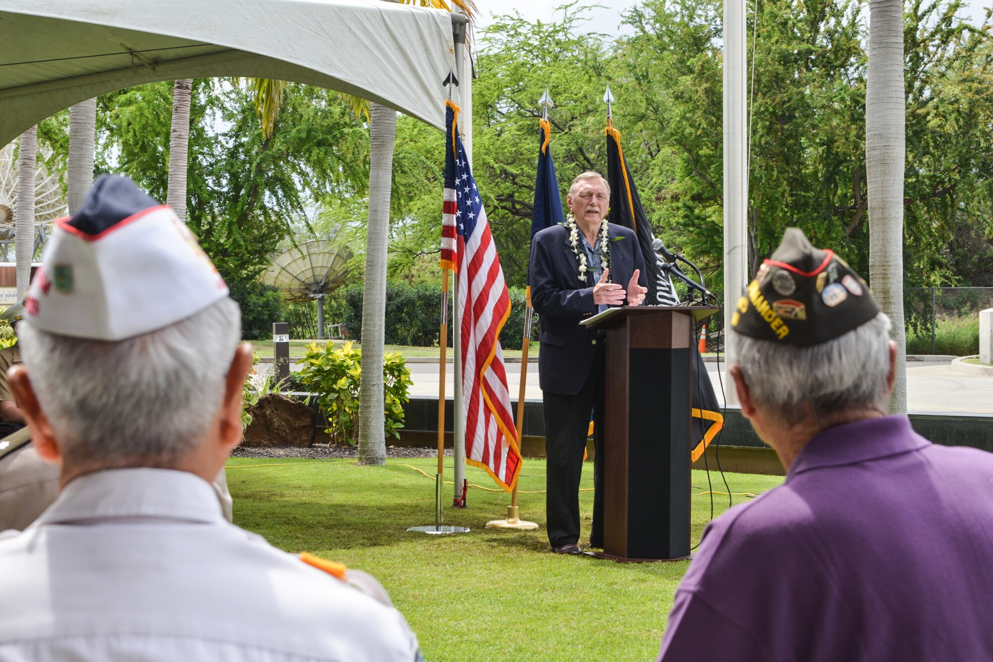 Mr. Johnie Webb, Operation Homecoming ceremony guest speaker, shares his experiences on working to help bring former U.S. service members home during a ceremony for the 50th anniversary of Operation Homecoming at Joint Base Pearl Harbor-Hickam, Hawaii, March 28, 2023. There are approximately 1,500 U.S. service members that Defense POW/MIA Accounting Agency personnel are still searching for from the Vietnam War. (U.S. Air Force photo by Staff Sgt. David Owsianka)