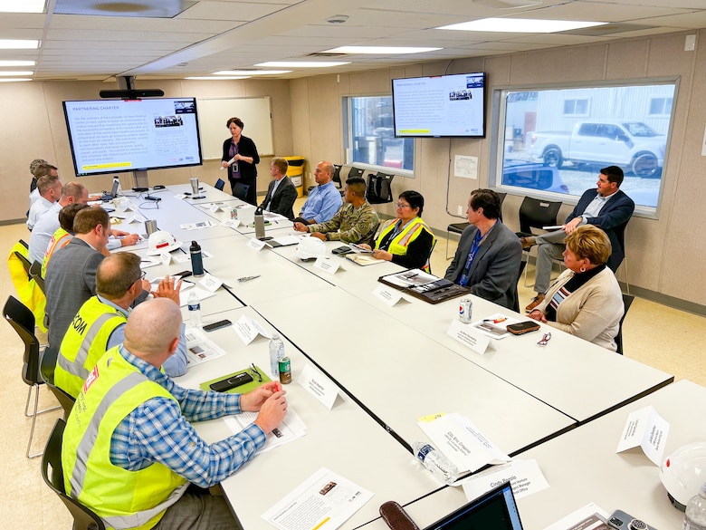 Tara O'Leary, Deputy Chief of the Veterans Affairs Division and Louisville VAMC project manager, provides an update on the status of construction of the Louisville VA Medical Center to members of the Senior Advisory Group for the project Nov. 11, 2022.