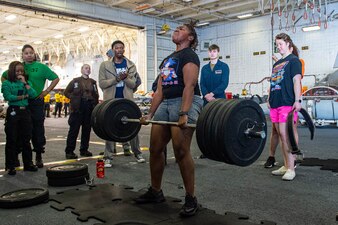 A deadlift competition aboard USS Gerald R. Ford (CVN 78).