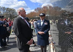 Secretary of the Air Force Frank Kendall visits the Vietnam War Memorial, Washington, D.C., March 29, 2023. Department of the Air Force senior leaders visited to pay their respects to the deceased service members killed in action during the Vietnam War on National Vietnam War Veteran’s Day. (U.S. Air Force photo by Staff Sgt. Chad Trujillo)