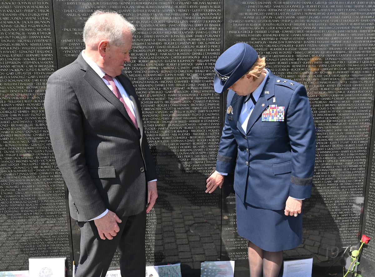 Secretary of the Air Force Frank Kendall views names of deceased service members killed in action during the Vietnam War on The Wall during a visit to the Vietnam War Memorial, Washington, D.C., March 29, 2023. Department of the Air Force senior leaders visited to pay their respects to those killed in action during the Vietnam War on National Vietnam War Veteran’s Day. (U.S. Air Force photo by Staff Sgt. Chad Trujillo)
