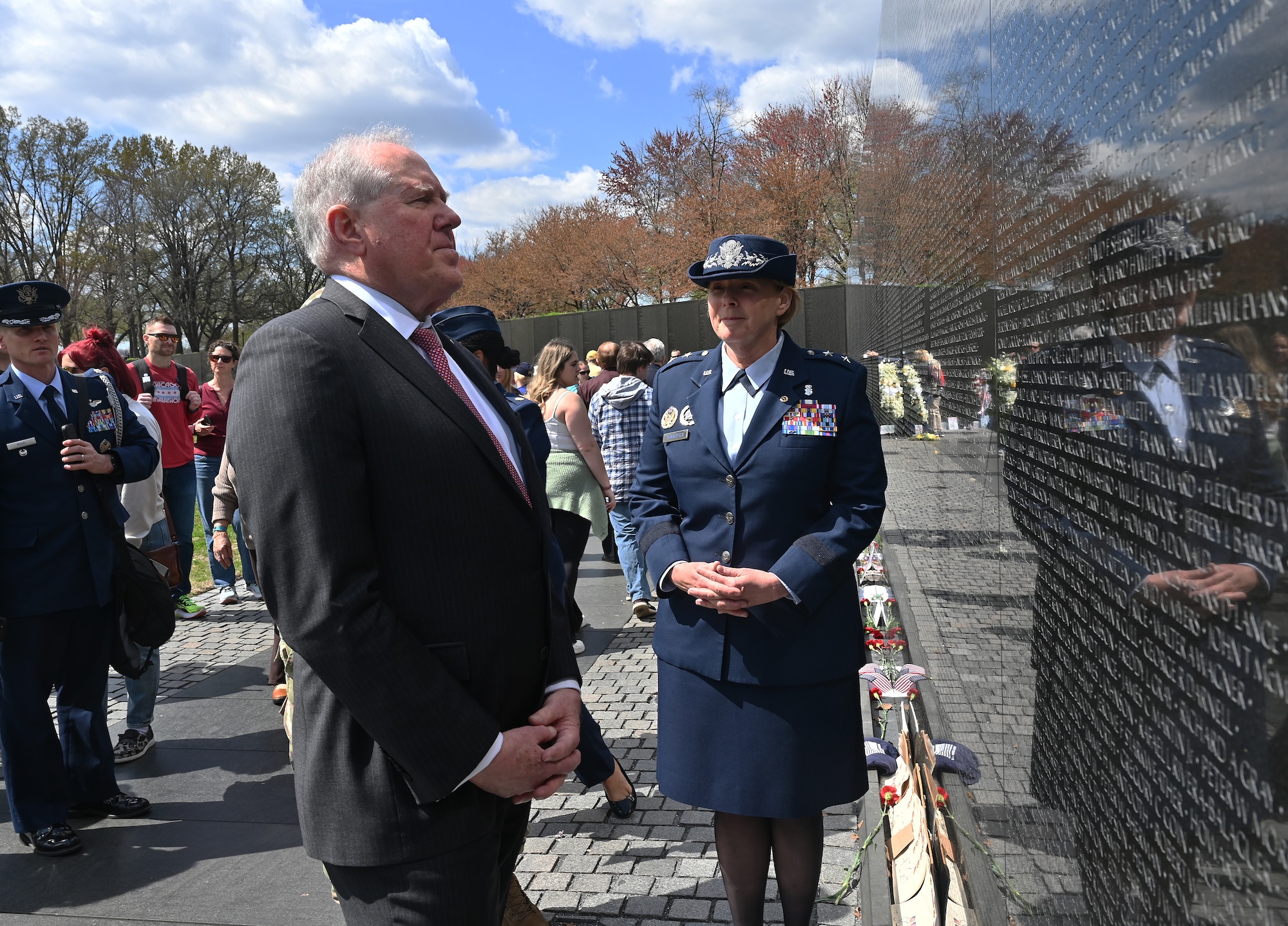 Secretary of the Air Force Frank Kendall visits the Vietnam War Memorial, Washington, D.C., March 29, 2023. Department of the Air Force senior leaders visited to pay their respects to the deceased service members killed in action during the Vietnam War on National Vietnam War Veteran’s Day. (U.S. Air Force photo by Staff Sgt. Chad Trujillo)