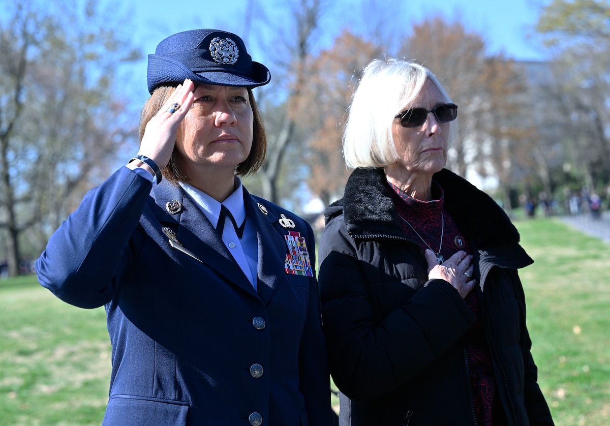 Chief Master Sgt. of the Air Force JoAnne S. Bass pays her respects during the Vietnam War Commemoration at the Vietnam War Memorial, Washington, D.C., March 29, 2023. (U.S. Air Force photo by Staff Sgt. Chad Trujillo)
