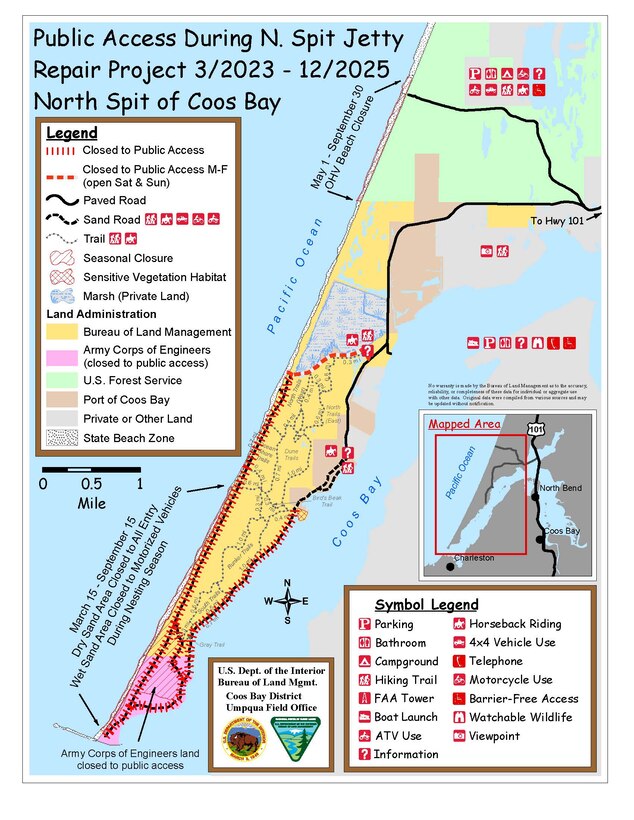 A map showing area closures and road access points for a coastal location