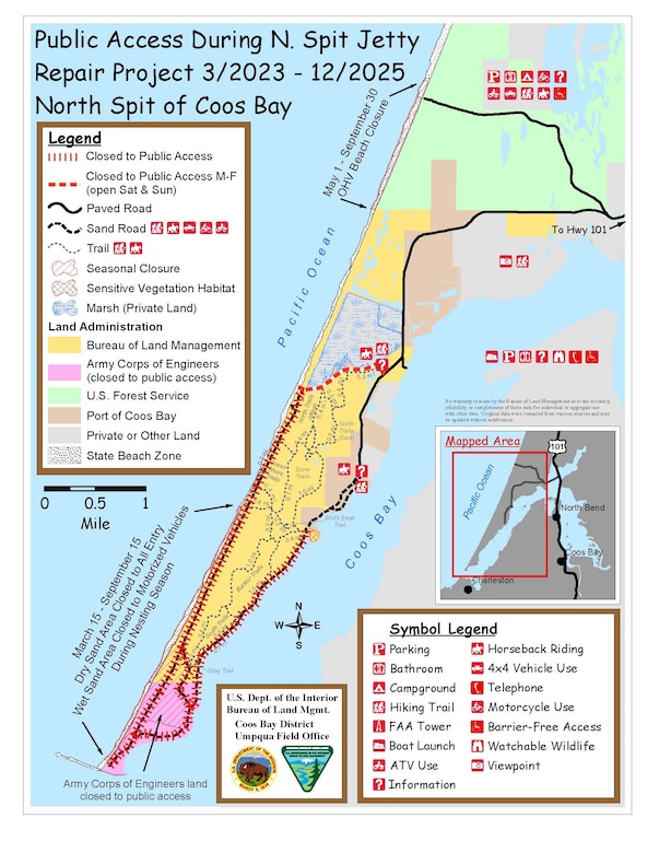 A map showing area closures and road access points for a coastal location