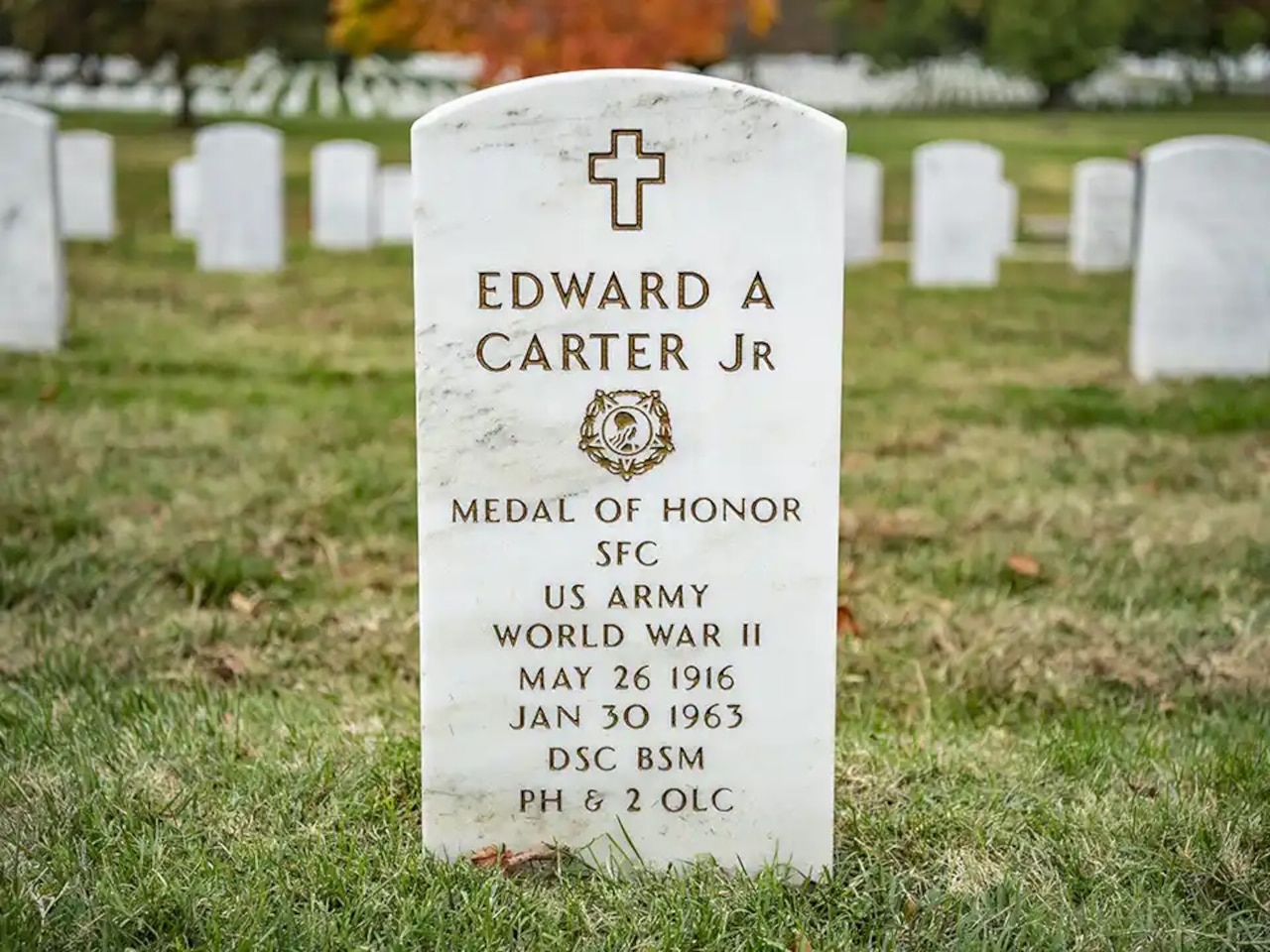 A grave marker announces the name Edward A. Carter Jr.
