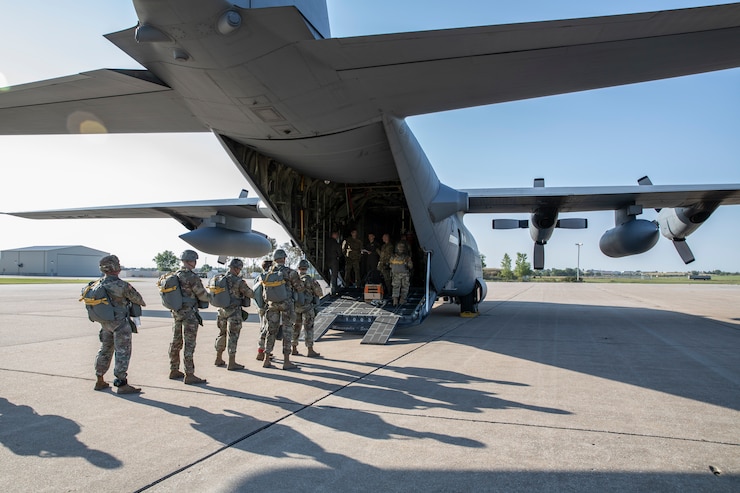Soldiers of Nebraska's 2-134th Infantry Battalion (Airborne) jump Sept. 18, 2021, jumping from a Minnesota Air National Guard C-130 Hercules from the 133rd Airlift Wing and landing on the Husker Drop Zone in Mead, Nebraska.