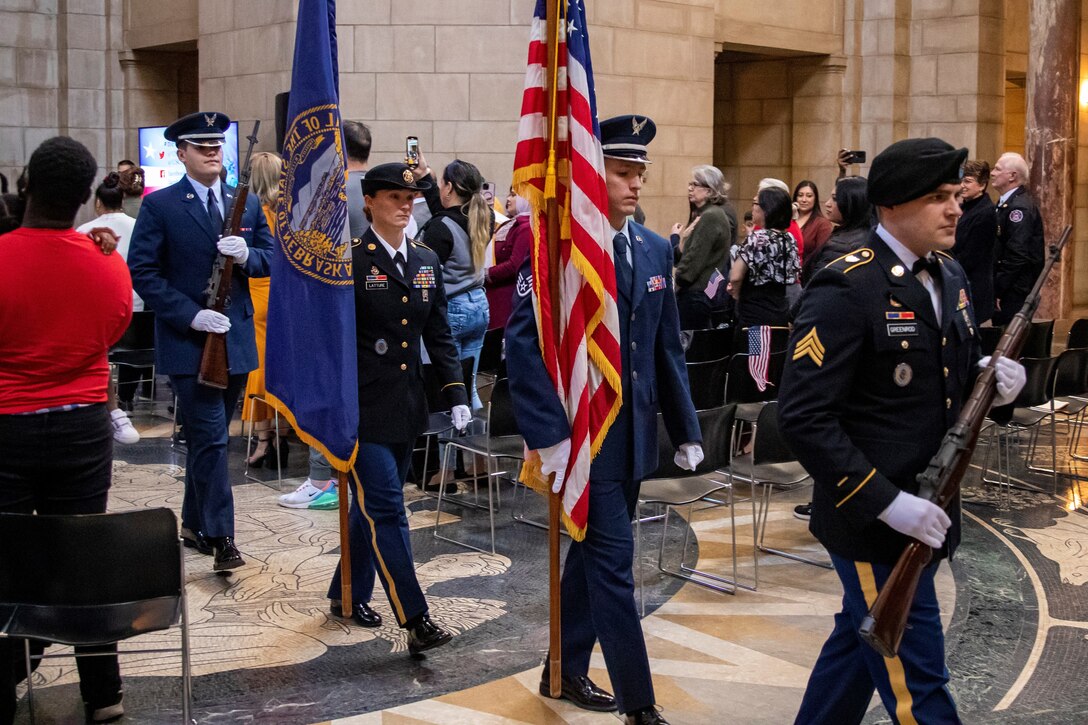 A joint color guard of Nebraska National Guard Soldiers and Airmen, along with a brass quintet from the Nebraska Army National Guard’s 43rd Army Band, celebrated Nebraska Statehood Day at the Capitol in Lincoln, March 1, 2023.