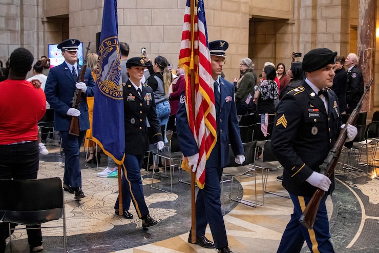 A joint color guard of Nebraska National Guard Soldiers and Airmen, along with a brass quintet from the Nebraska Army National Guard’s 43rd Army Band, celebrated Nebraska Statehood Day at the Capitol in Lincoln, March 1, 2023.