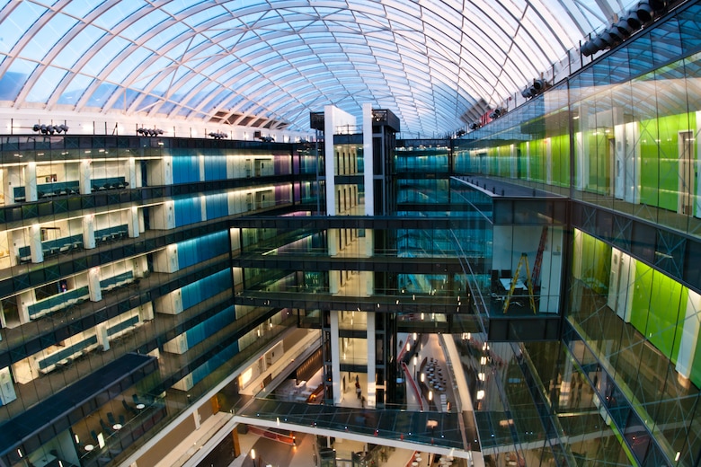 An ariel view of the interior of a multi-story building.