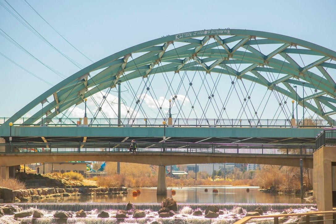 Downtown Denver Colorado, South Platte River Bridge, April 1, 2022.