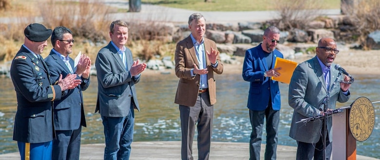 Col. Mark Himes, Commander, USACE Omaha District, Mr. Michael Connor, Assistant Secretary of the Army for Civil Works, USACE HQ, Michael Bennet, U.S. Senator for Colorado, John Hickenlooper, U.S. Senator for Colorado, and Michael Hancock, Denver City Mayor speaking at
South Platte River Project funding celebration, Denver, Colorado, April 1, 2022.