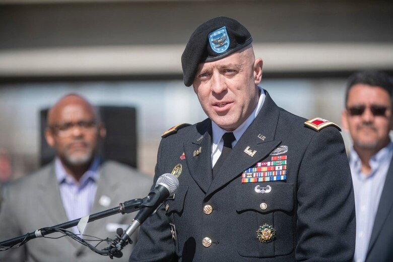 Col. Mark Himes, Commander, USACE Omaha District speaks at the South Platte River Project funding celebration, Denver, Colorado, April 1, 2022.