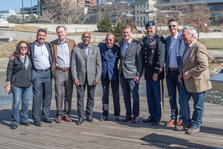 Col. Mark Himes, Commander, USACE Omaha District, Mr. Michael Connor, Assistant Secretary of the Army for Civil Works, USACE HQ, Michael Bennet, U.S. Senator for Colorado, John Hickenlooper, U.S. Senator for Colorado, Michael Hancock, Denver City Mayor, and Denver city council members at the South Platte River Project funding celebration, Denver, Colorado, April 1, 2022.