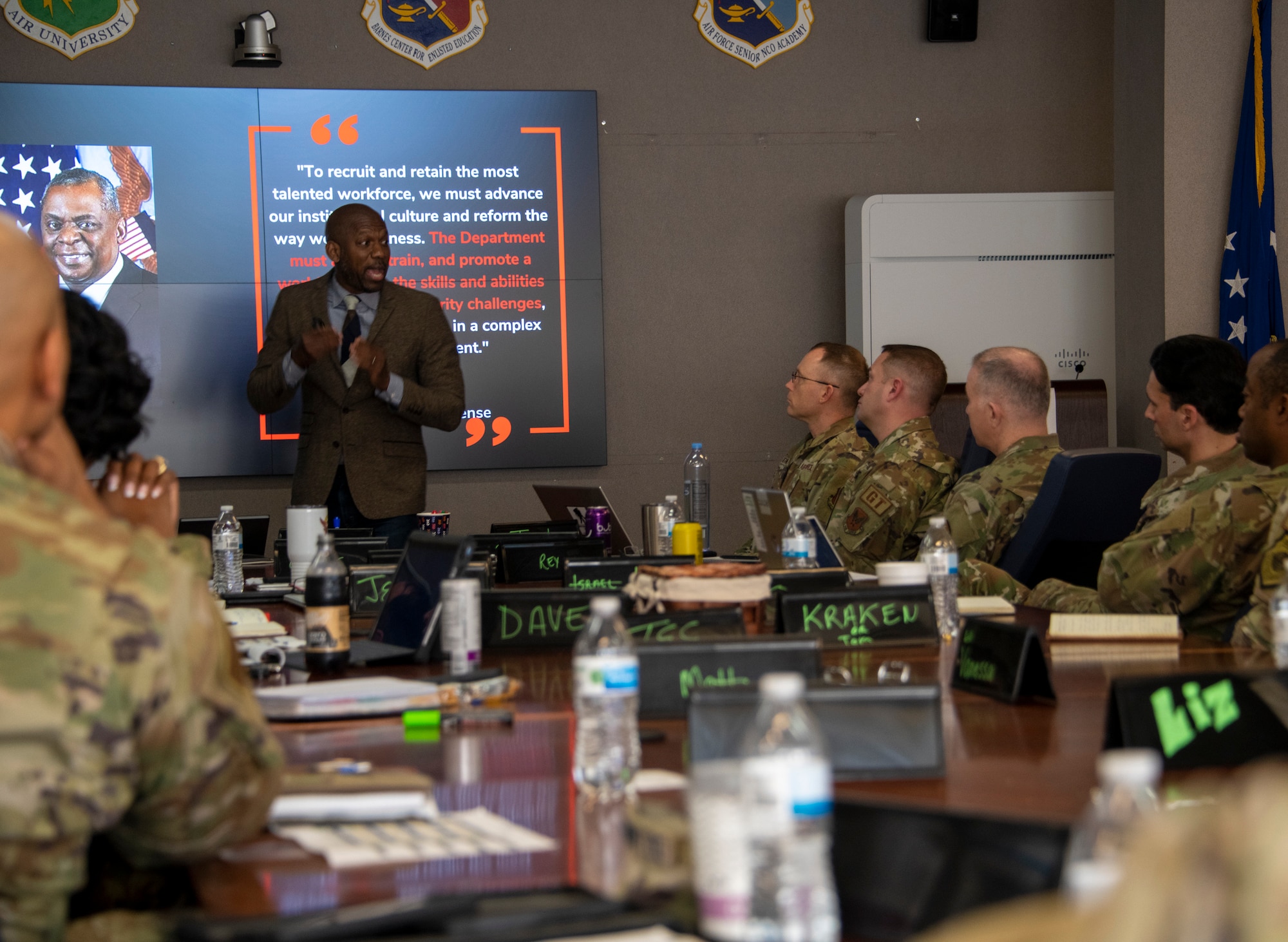 Chief Master Sgt. (Ret.) Todd M. Simmons speaks to the inaugural Chief Master Sergeant Leadership Academy’s Senior Leaders Course about strategic leader perspectives at Maxwell Air Force Base – Gunter Annex, Ala., March 23, 2023. Simmons is the former Command Chief Master Sergeant of Air University. (U.S. Air Force photo/Brian Ferguson)
